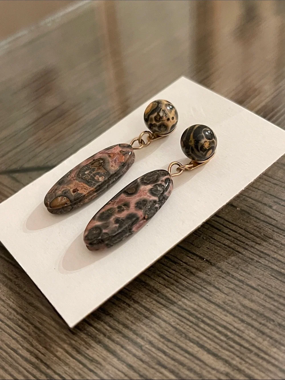 Vintage Leopard Skin Jasper Oval Dangle Drop Earrings Ball/Post Convertible